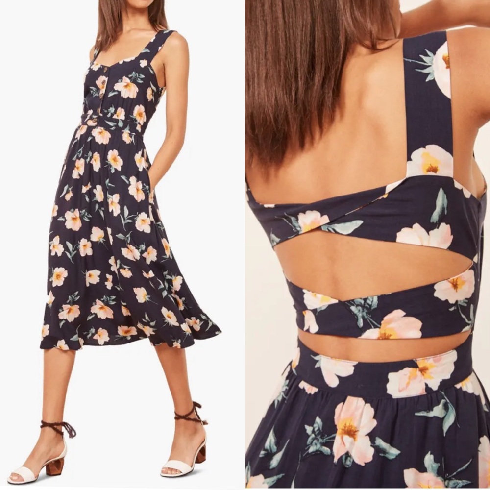 Reformation Lanai Floral Sleeveless Dress In Navy - Picture 2 of 14